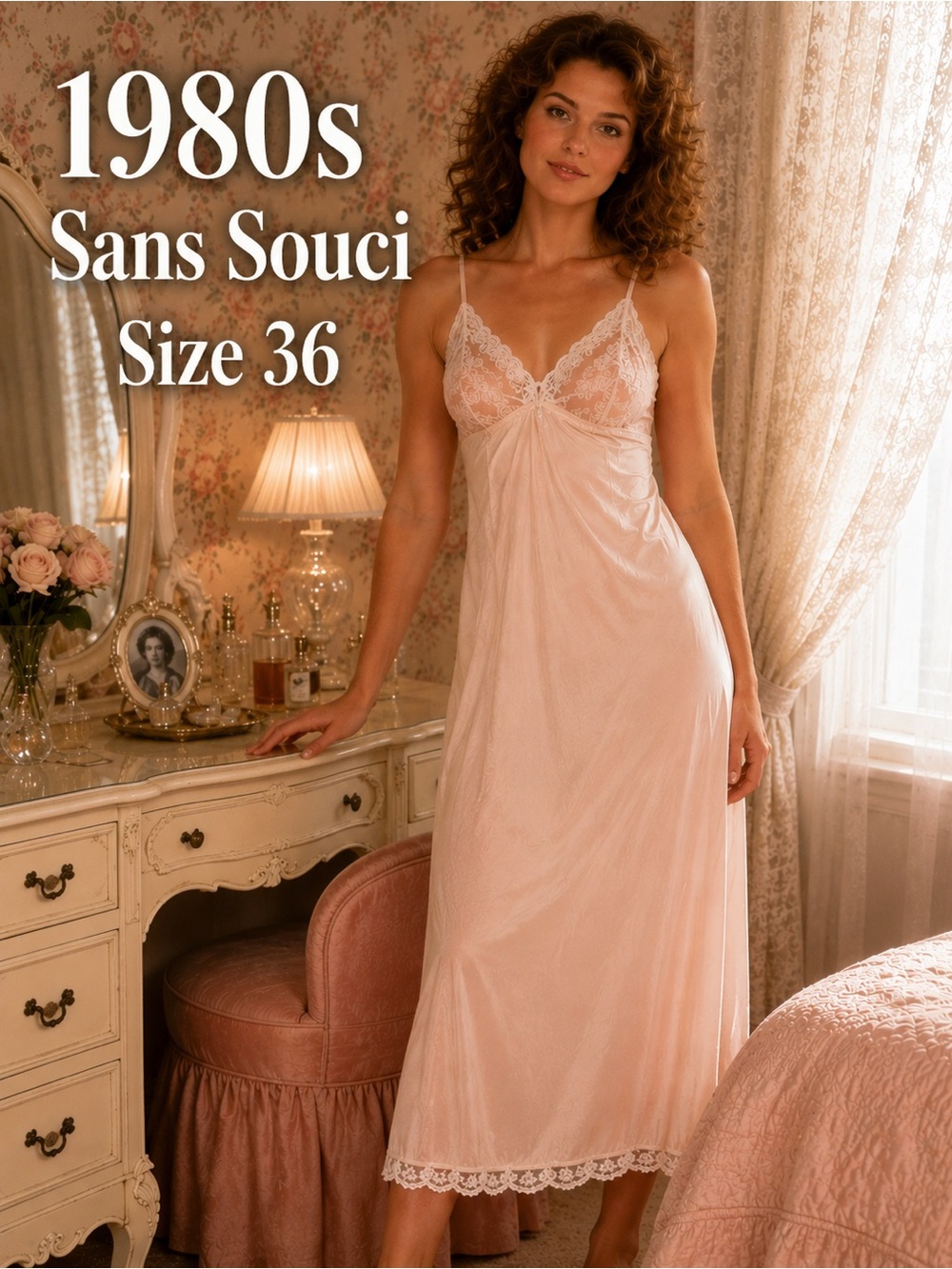 VTG 1980s Sans Souci Blush Pink Antron III Nylon Lace Full Slip 36